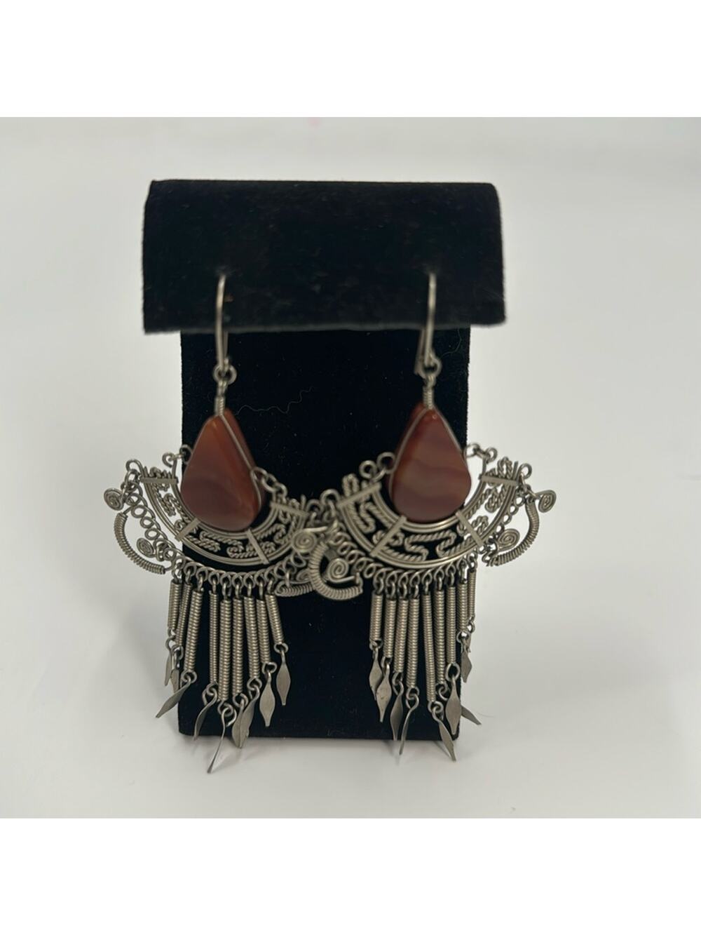 Large Carnelian wire wrapped tassel statement earrings